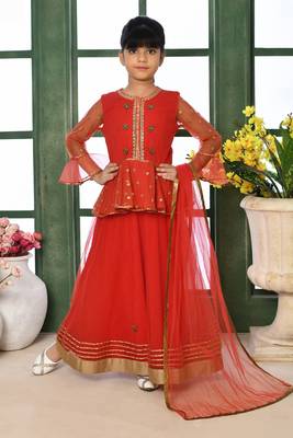 Red Embroidery Net A Line Lehenga Choli Dupatta 1