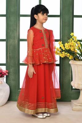 Red Embroidery Net A Line Lehenga Choli Dupatta 2