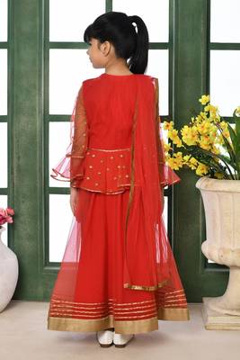 Red Embroidery Net A Line Lehenga Choli Dupatta 3