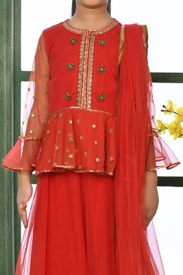 Red Embroidery Net A Line Lehenga Choli Dupatta 4