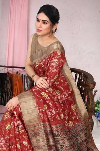 Art Silk Floral Printed Red Saree