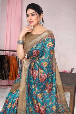 Turquoise Art Silk Floral Printed Golden Zari Weaving Border Saree With Unstitched Blouse Piece 1