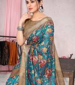 Turquoise Art Silk Floral Printed Golden Zari Weaving Border Saree With Unstitched Blouse Piece