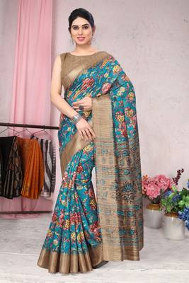 Turquoise Art Silk Floral Printed Golden Zari Weaving Border Saree With Unstitched Blouse Piece 2