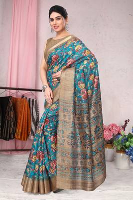 Turquoise Art Silk Floral Printed Golden Zari Weaving Border Saree With Unstitched Blouse Piece 3