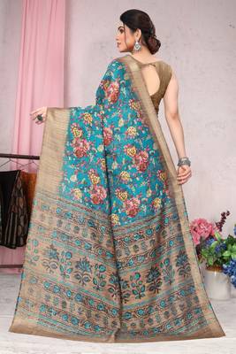 Turquoise Art Silk Floral Printed Golden Zari Weaving Border Saree With Unstitched Blouse Piece 4