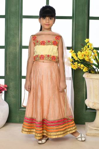Cream Embroidery Net A Line Lehenga Choli Dupatta