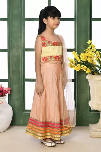 Cream Embroidery Net A Line Lehenga Choli Dupatta