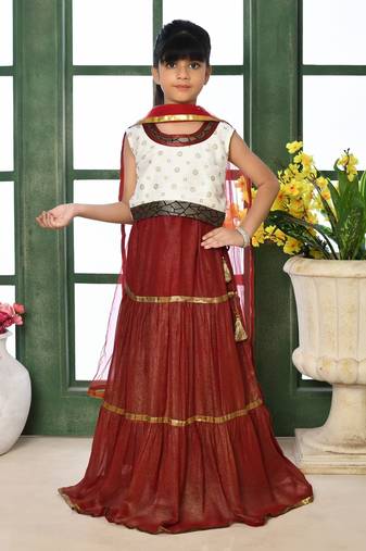 Off-White Embroidery Chanderi A Line Lehenga Choli Dupatta