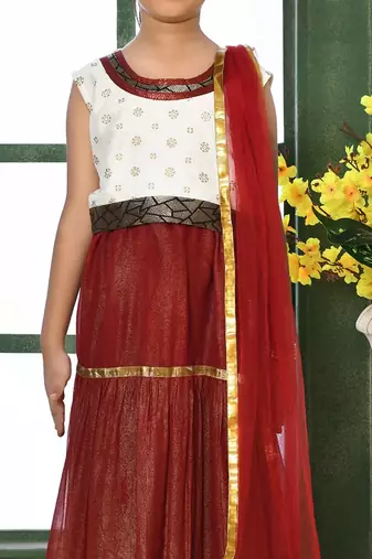 Off-White Embroidery Chanderi A Line Lehenga Choli Dupatta
