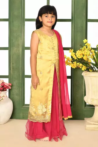 Gold Embroidery Net A Line Lehenga Choli Dupatta