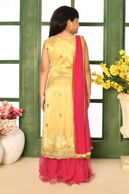 Gold Embroidery Net A Line Lehenga Choli Dupatta 3