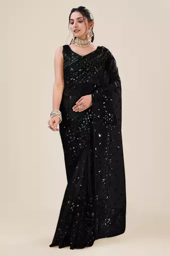 Black Premium Heavy Net Sequins_Work Party Wear Saree
