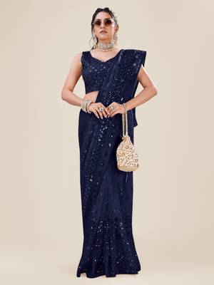 Navy Blue Premium Heavy Net Sequins_Work Party Wear Saree 1