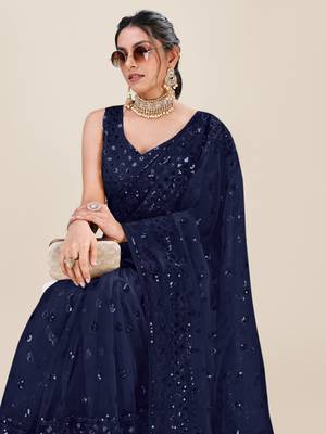 Navy Blue Premium Heavy Net Sequins_Work Party Wear Saree 2