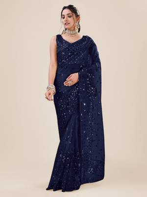 Navy Blue Premium Heavy Net Sequins_Work Party Wear Saree 3