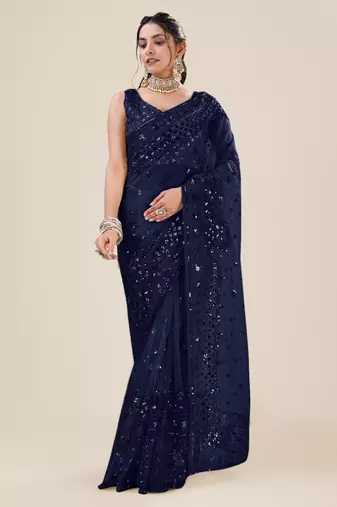 Navy Blue Premium Heavy Net Sequins_Work Party Wear Saree