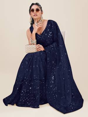 Navy Blue Premium Heavy Net Sequins_Work Party Wear Saree 4