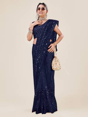 Navy Blue Premium Heavy Net Sequins_Work Party Wear Saree 5