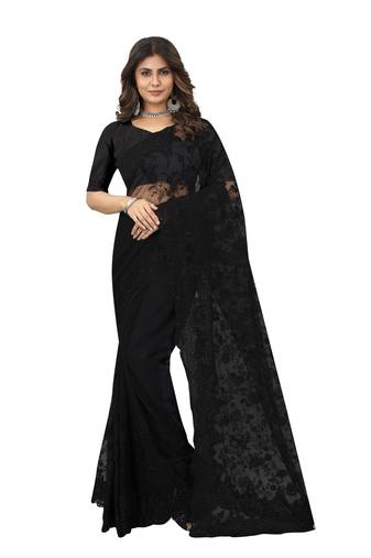 Black Embroidered Net Saree With Blouse Piece