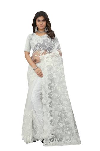 White Embroidered Net Saree With Blouse Piece