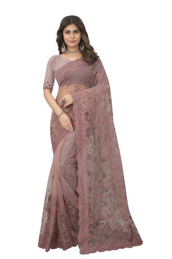 Lavender Embroidered Net Saree With Blouse Piece