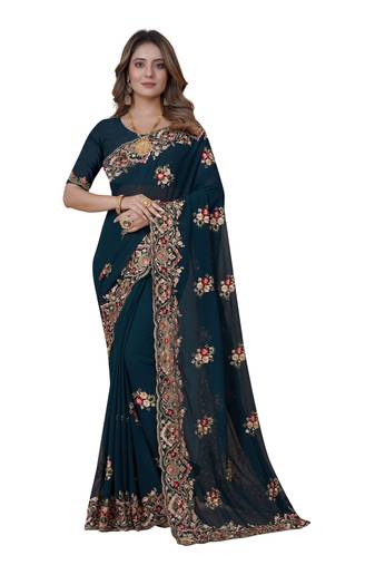 Turquoise Embroidered Georgette Saree With Blouse Piece