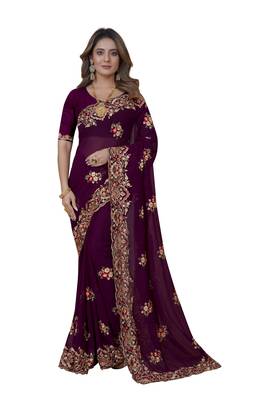 Wine Embroidered Georgette Saree With Blouse Piece 1