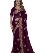 Wine Embroidered Georgette Saree With Blouse Piece