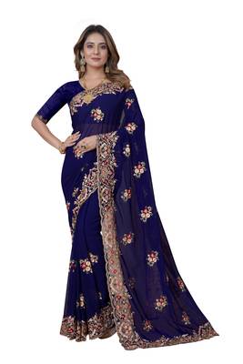 Navy Blue Embroidered Georgette Saree With Blouse Piece 1