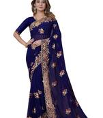 Navy Blue Embroidered Georgette Saree With Blouse Piece
