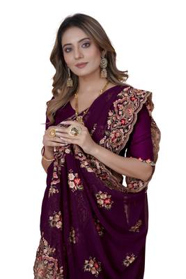 Wine Embroidered Georgette Saree With Blouse Piece 2