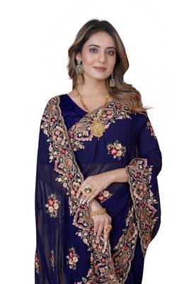 Navy Blue Embroidered Georgette Saree With Blouse Piece 2