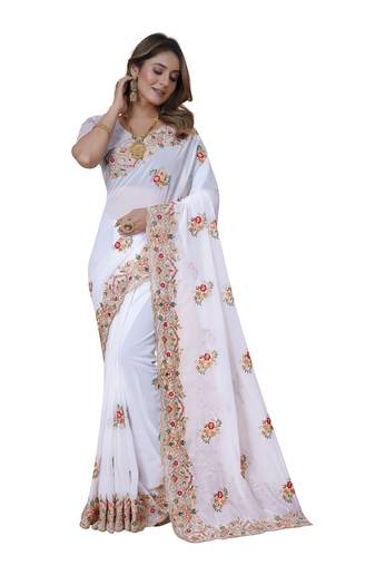 White Embroidered Georgette Saree With Blouse Piece