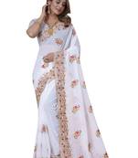 White Embroidered Georgette Saree With Blouse Piece