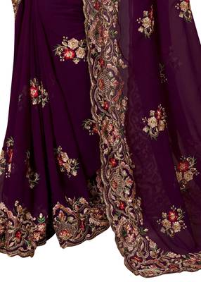 Wine Embroidered Georgette Saree With Blouse Piece 3