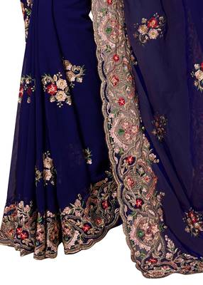 Navy Blue Embroidered Georgette Saree With Blouse Piece 3
