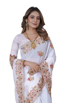 White Embroidered Georgette Saree With Blouse Piece 2