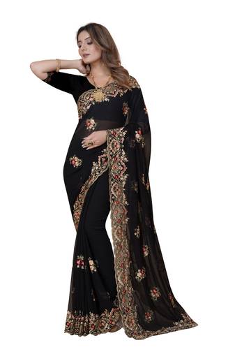 Black Embroidered Georgette Saree With Blouse Piece