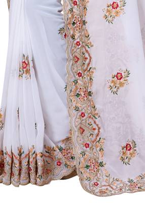 White Embroidered Georgette Saree With Blouse Piece 3