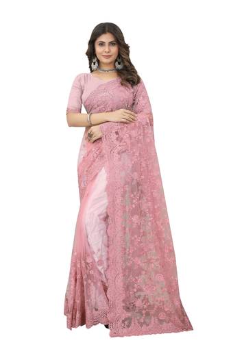 Pink Embroidered Net Saree With Blouse Piece