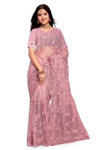 Pink Embroidered Net Saree With Blouse Piece
