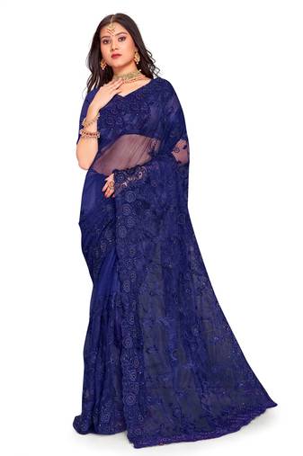 Navy Blue Embroidered Net Saree With Blouse Piece