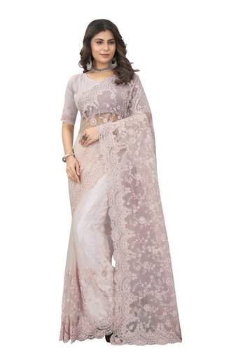 Peach Embroidered Net Saree With Blouse Piece