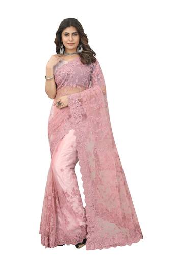 Pink Embroidered Net Saree With Blouse Piece
