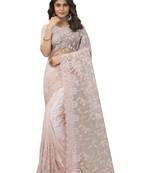 Peach Embroidered Net Saree With Blouse Piece