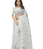 White Embroidered Net Saree With Blouse Piece