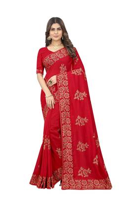 Red Embroidered Art Silk Saree With Blouse Piece 1