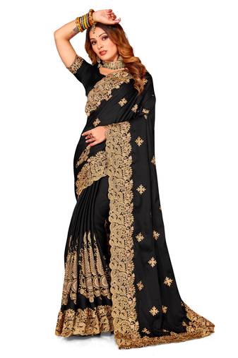 Black Embroidered Satin Saree With Blouse Piece