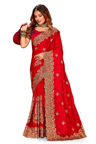 Red Embroidered Satin Saree With Blouse Piece